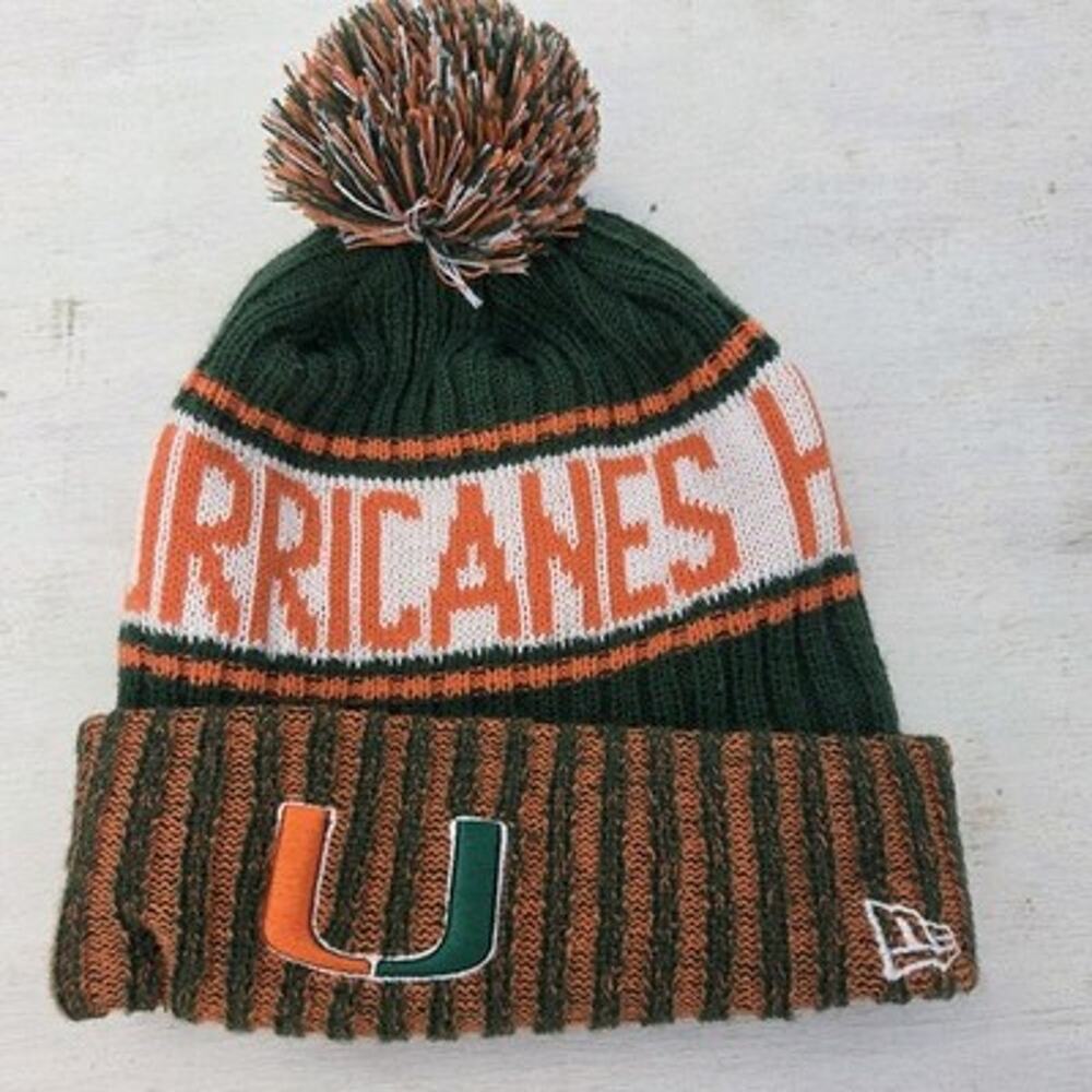 Miami Hurricanes Beanie Pom New Era Winter Hat NCAA Football Orange Green